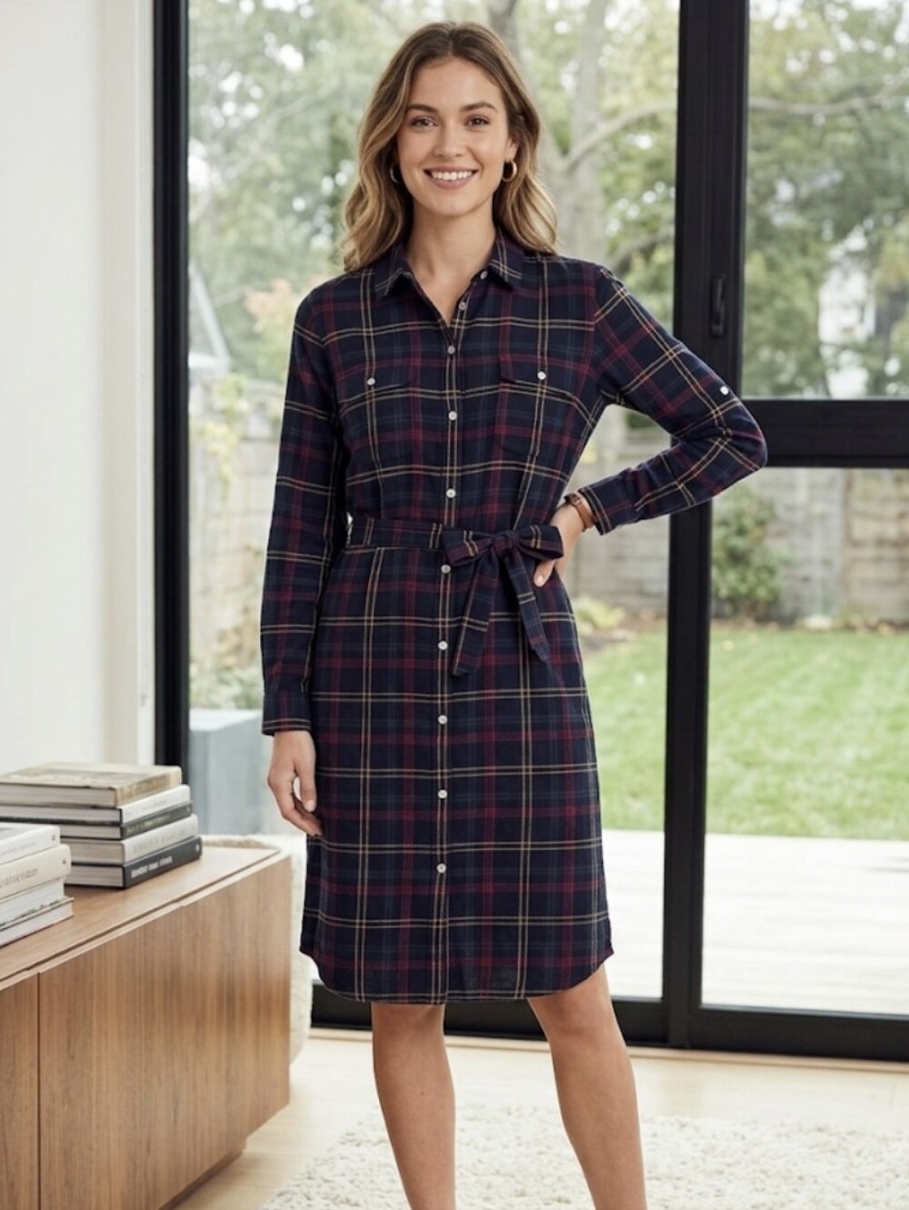 UNTUCKit Parker Navy Green Yellow Red Plaid Tie-Waist Shirt Dress Pockets S 12